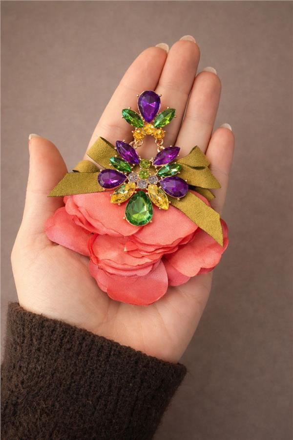 Yvonne02 Pembe Kumaş Çiçekli ve Renkli Taşlı XL Küpe